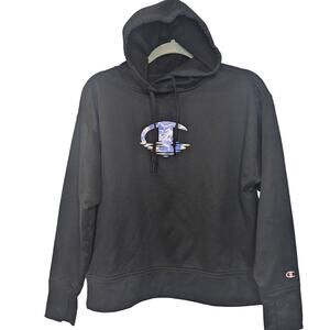 CHAMPION Women Sz Med Game Day Fleece Lined Cropped Hoodie Thumb Holes Black $75